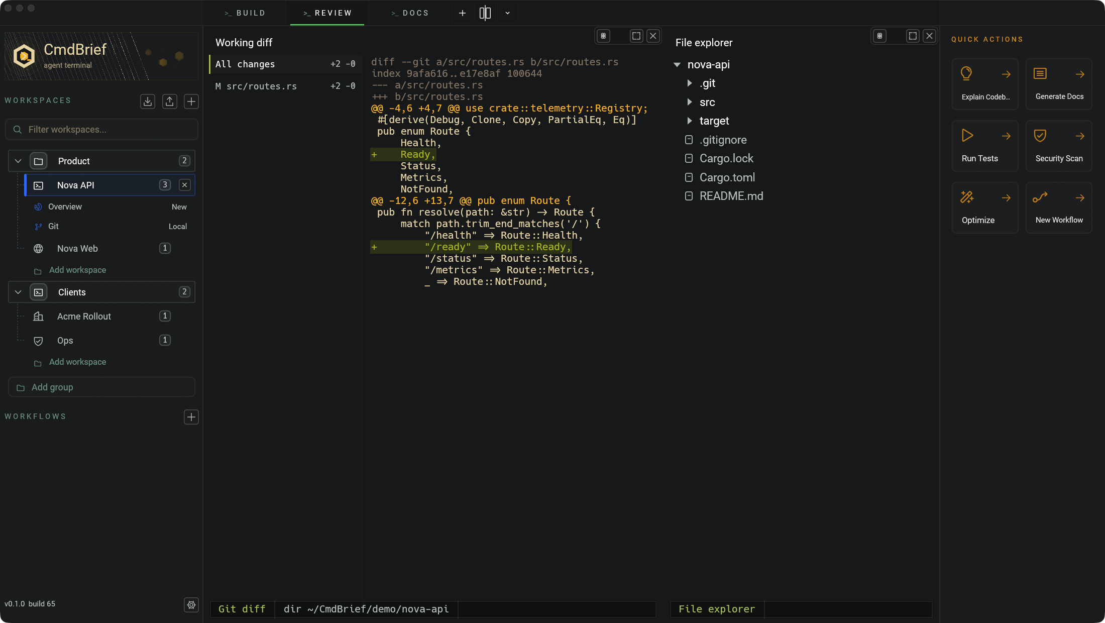 CmdBrief review tab: a syntax-colored git diff of a Rust routes file beside a file explorer pane.